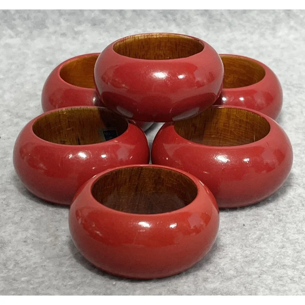 Red Lacquer Wood Napkin Rings Set of 6 Round Made‎ in India Table Decor Dining