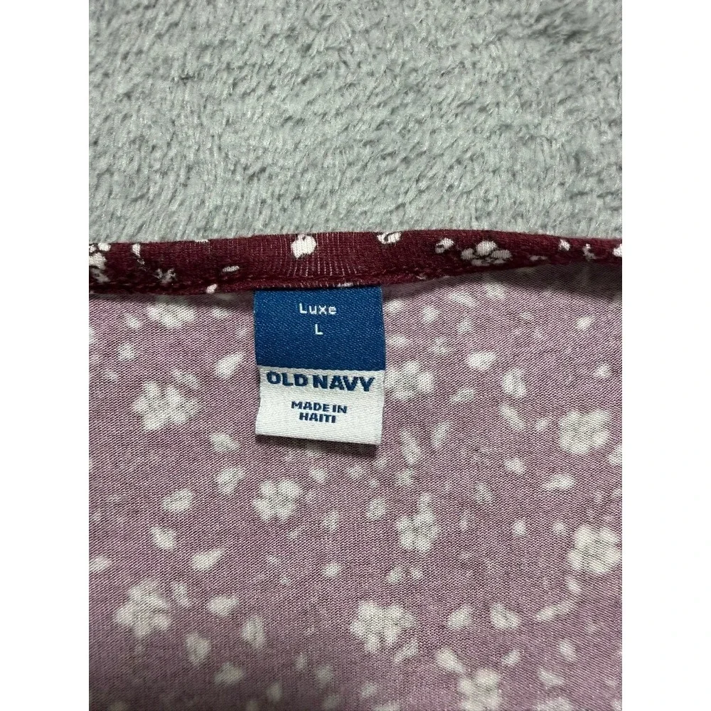 Old Navy Luxe Womens Large Burgundy Floral V-Neck Puff Short Sleeve‎ Top Shirt
