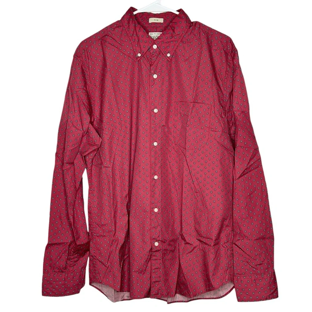 J.Crew Men’s‎ Red Patterned Button Down Shirt Size Large Casual Slim Fit