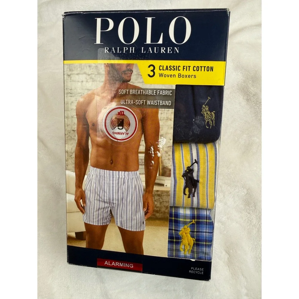 Polo Ralph Lauren Mens 3 Pack Classic Fit Woven Boxers Cotton Plaid Stripe Small