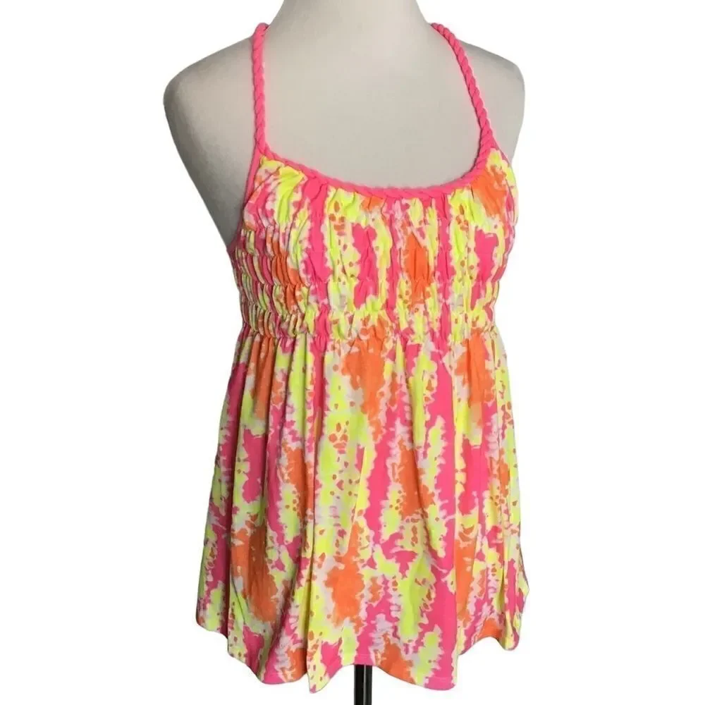NWOT Justice Neon Tie Dye Racerback Tank Top Girls Size 14 Pink Orange Yellow