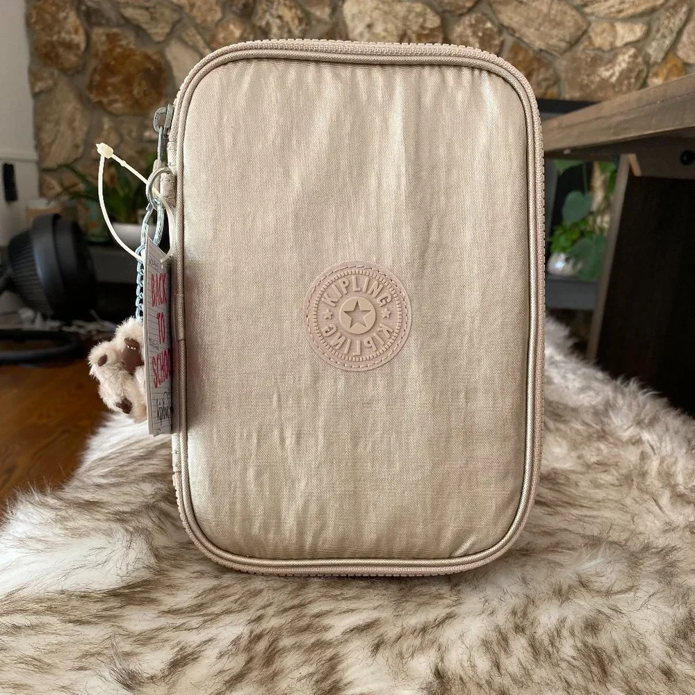 NWT Kipling 100 Pens Printed Case Bag Pouch Sparkly Gold