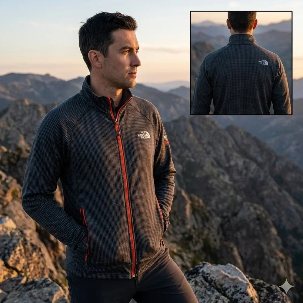 The North Face Summit Series Mens M Grey Orange Grid Fleece Jacket S11‎ AQCM
