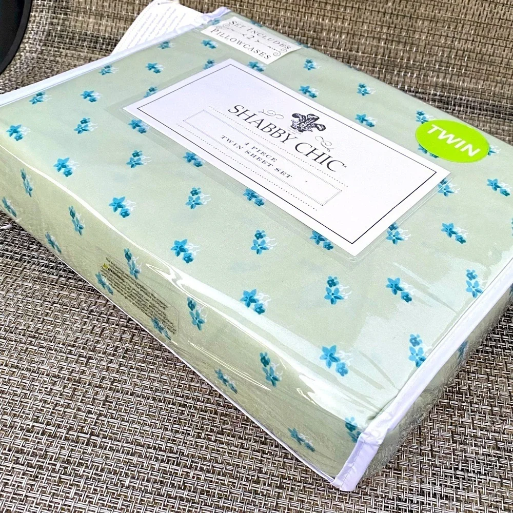 Shabby Chic Blue Floral Green Polyester TWIN Sheet Set 4pc