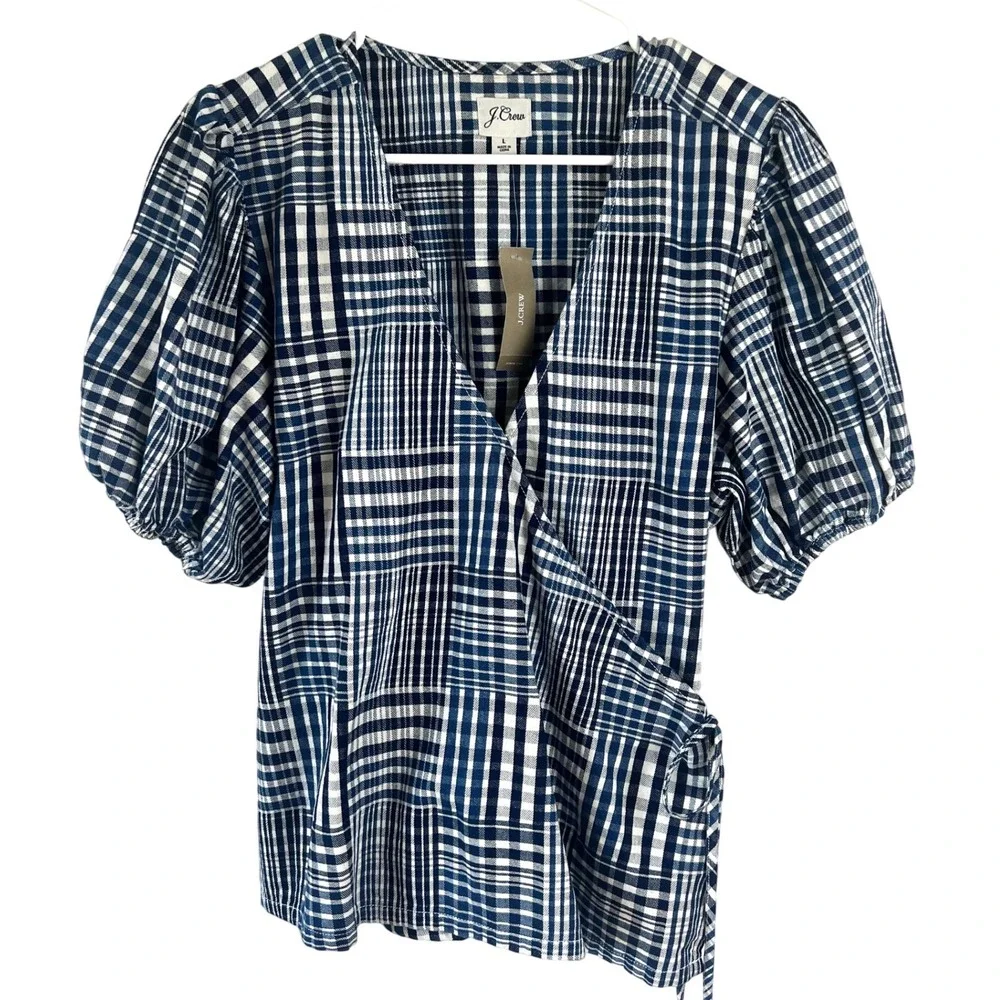 J. Crew Blue and White Plaid Short Sleeve Wrap Blouse