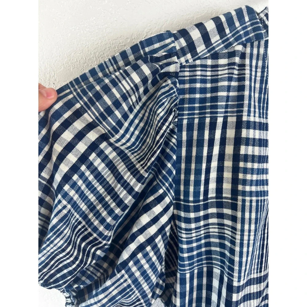 J. Crew Blue and White Plaid Short Sleeve Wrap Blouse