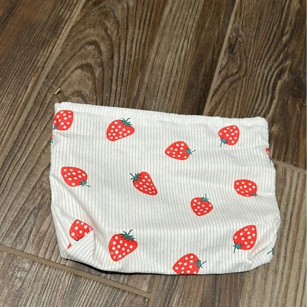 Makeup Bag Women White Strawberry‎ Corduroy Pouch NEW