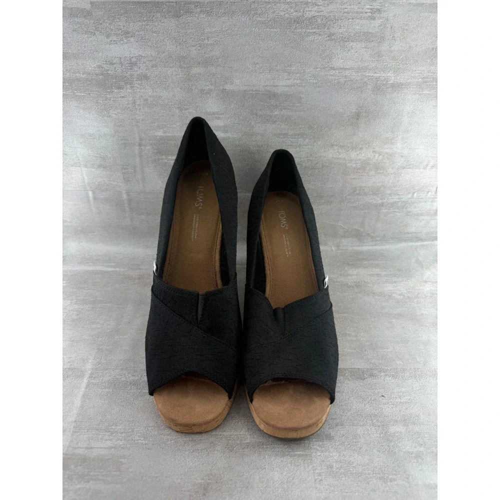 TOMS Women Black Canvas Peep Toe Cork Wedge Sandals Platform Shoes Sz 9.5