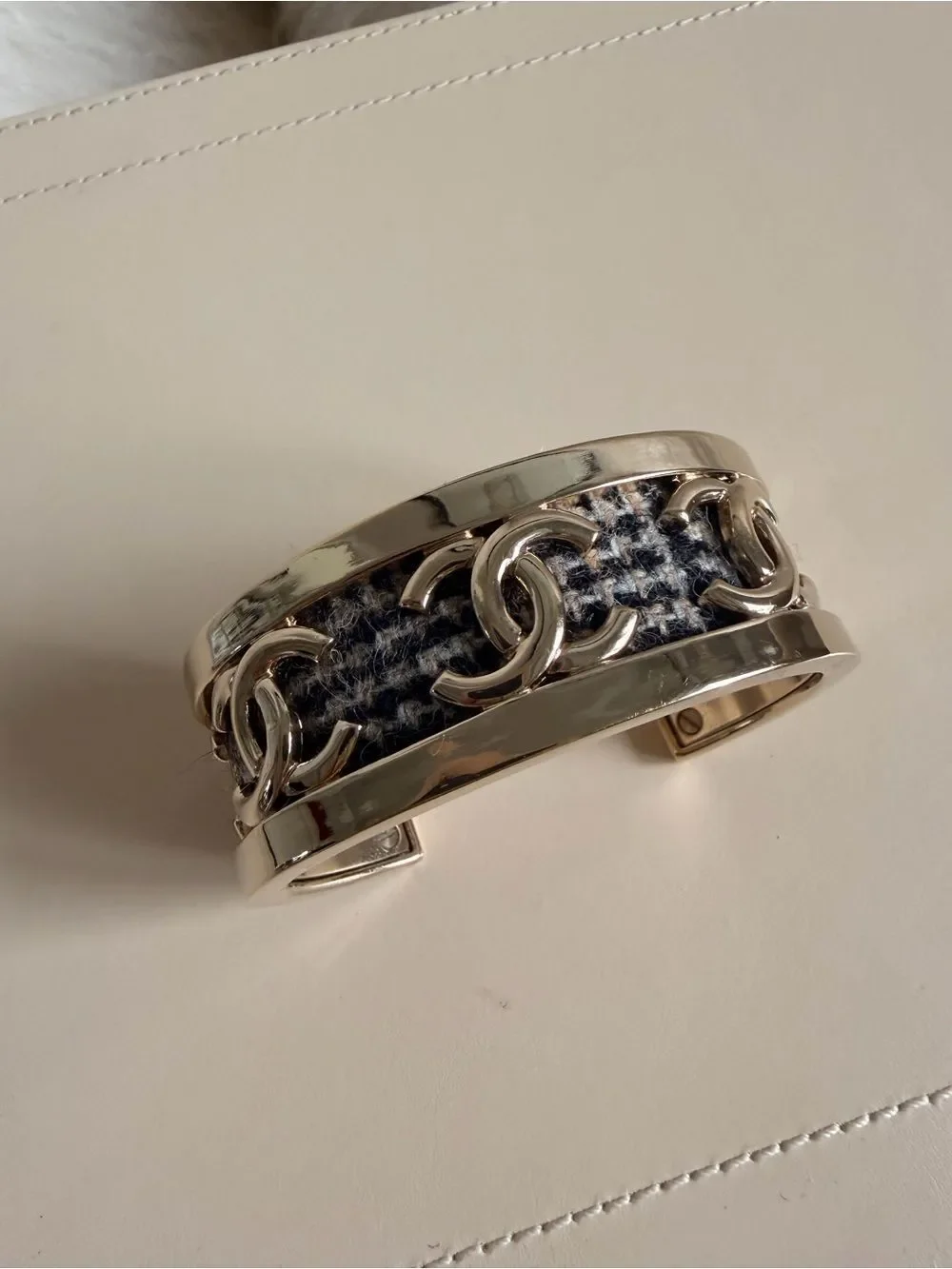 CHANEL Silver Tweed CC Link Cuff Bracelet - Black & White