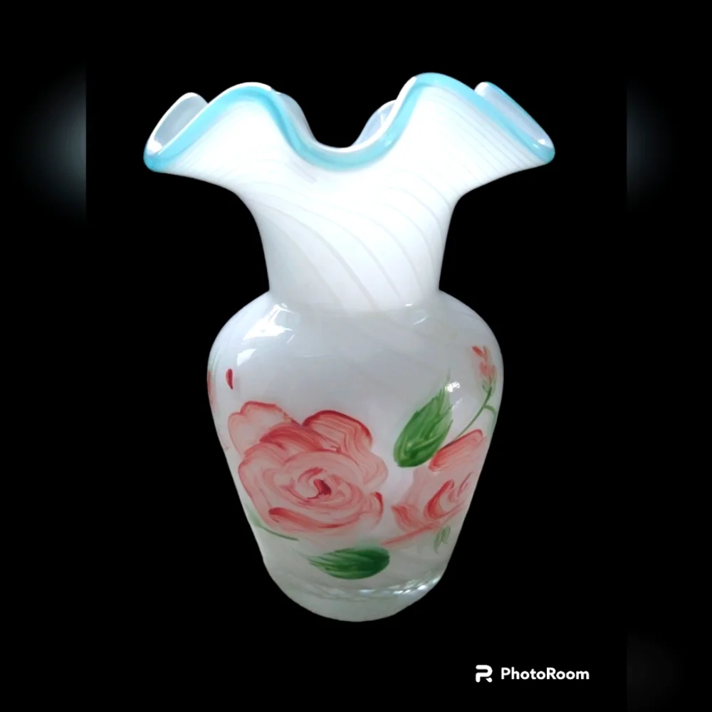Vintage Fenton Aqua Crest Vase White Swirl Glass Hand Painted‎ Roses 6