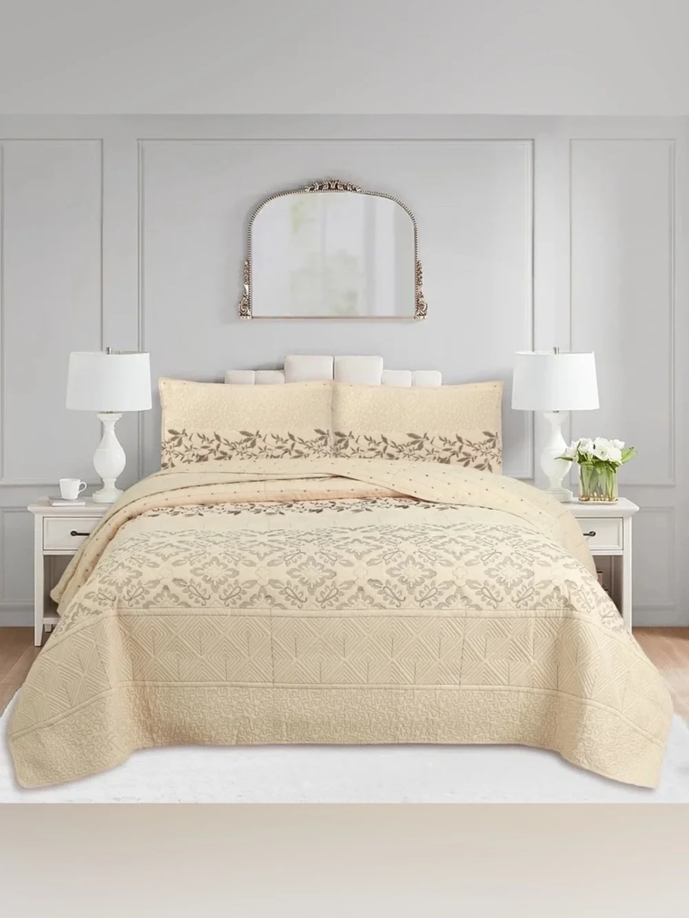 Beige Floral Queen 3 piece embroidered quilt set