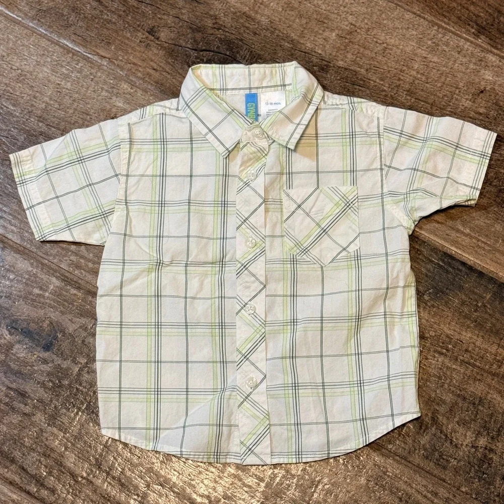Gymboree‎ Y2K Toddler Plaid Short Sleeve Button Down Shirt, Green White, 12-18M