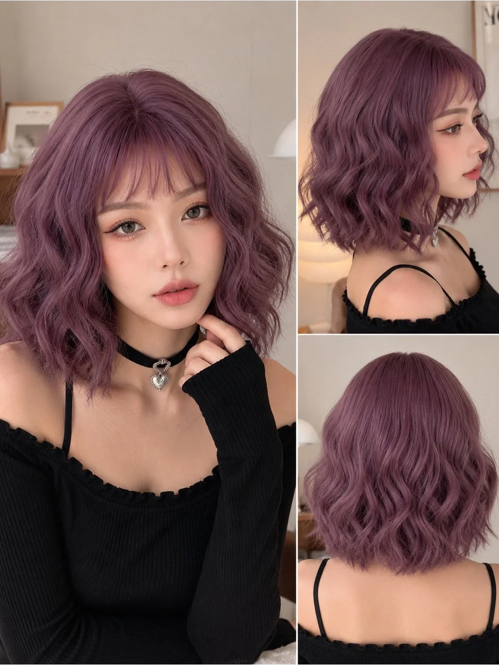 NWOT short wavy wig in a muted dusty mauve/purple shade cosplay