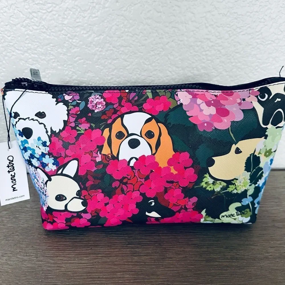 Marc Tetro Dogs Floral Pink Black Zipper Travel Cosmetic Bag