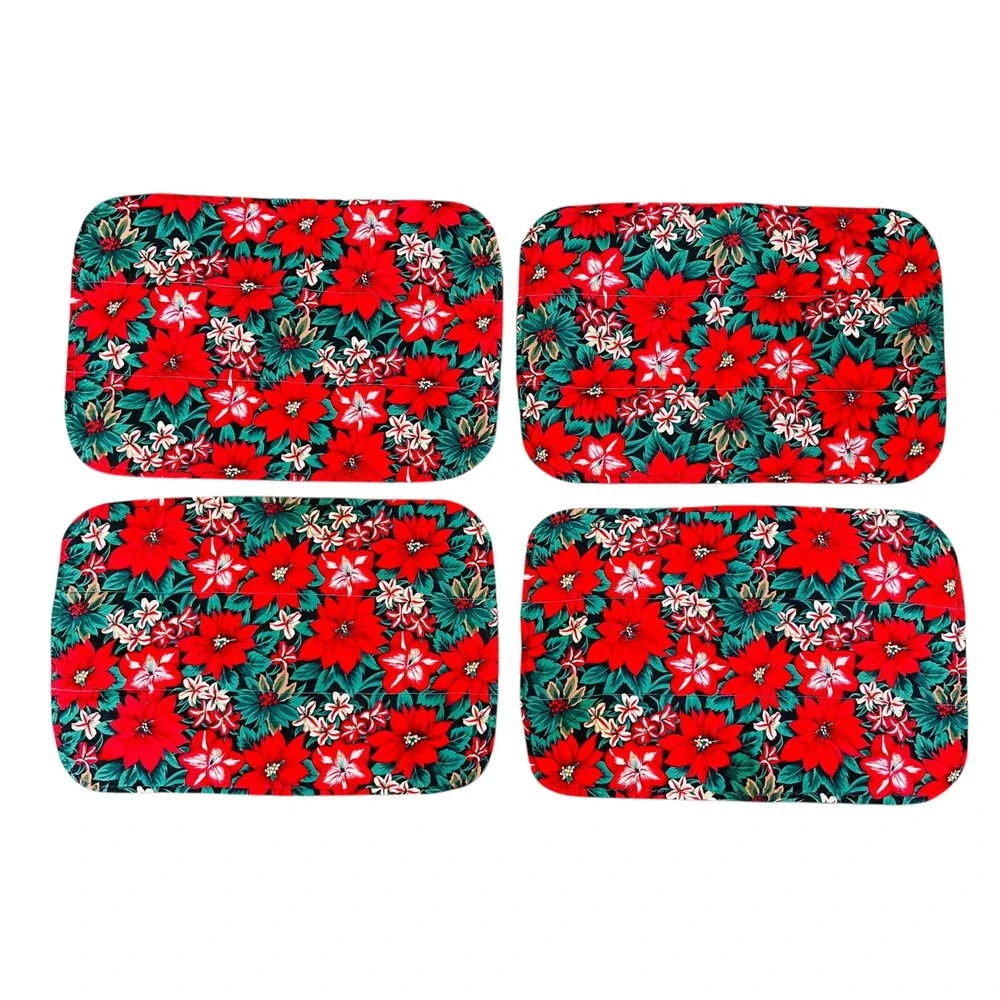 Poinsettia‎ Christmas Placemats Vintage Set of 4 Holiday Table Linens Floral 90s