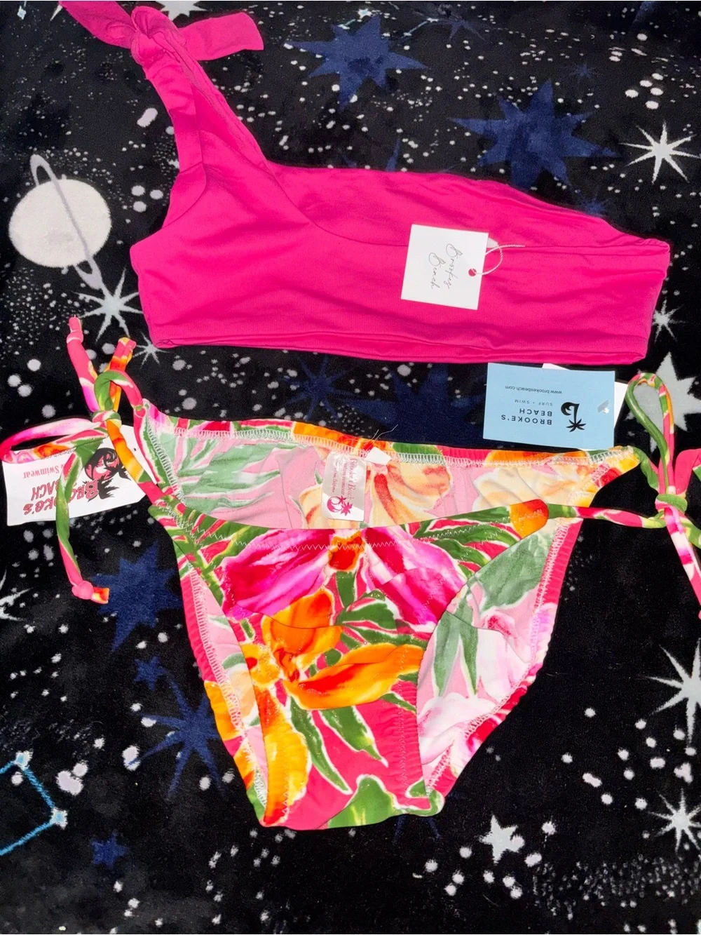Girls' Hot Pink One-Shoulder Bikini Set - Tropical Floral Bottom