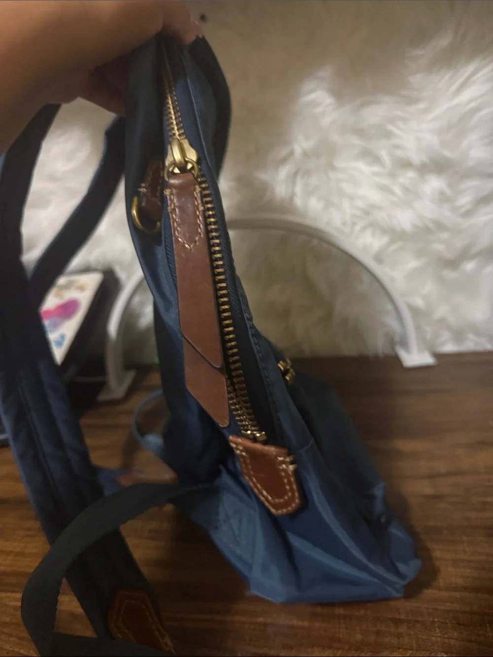 Frye Teal Blue Nylon Backpack with Brown Leather Trim
