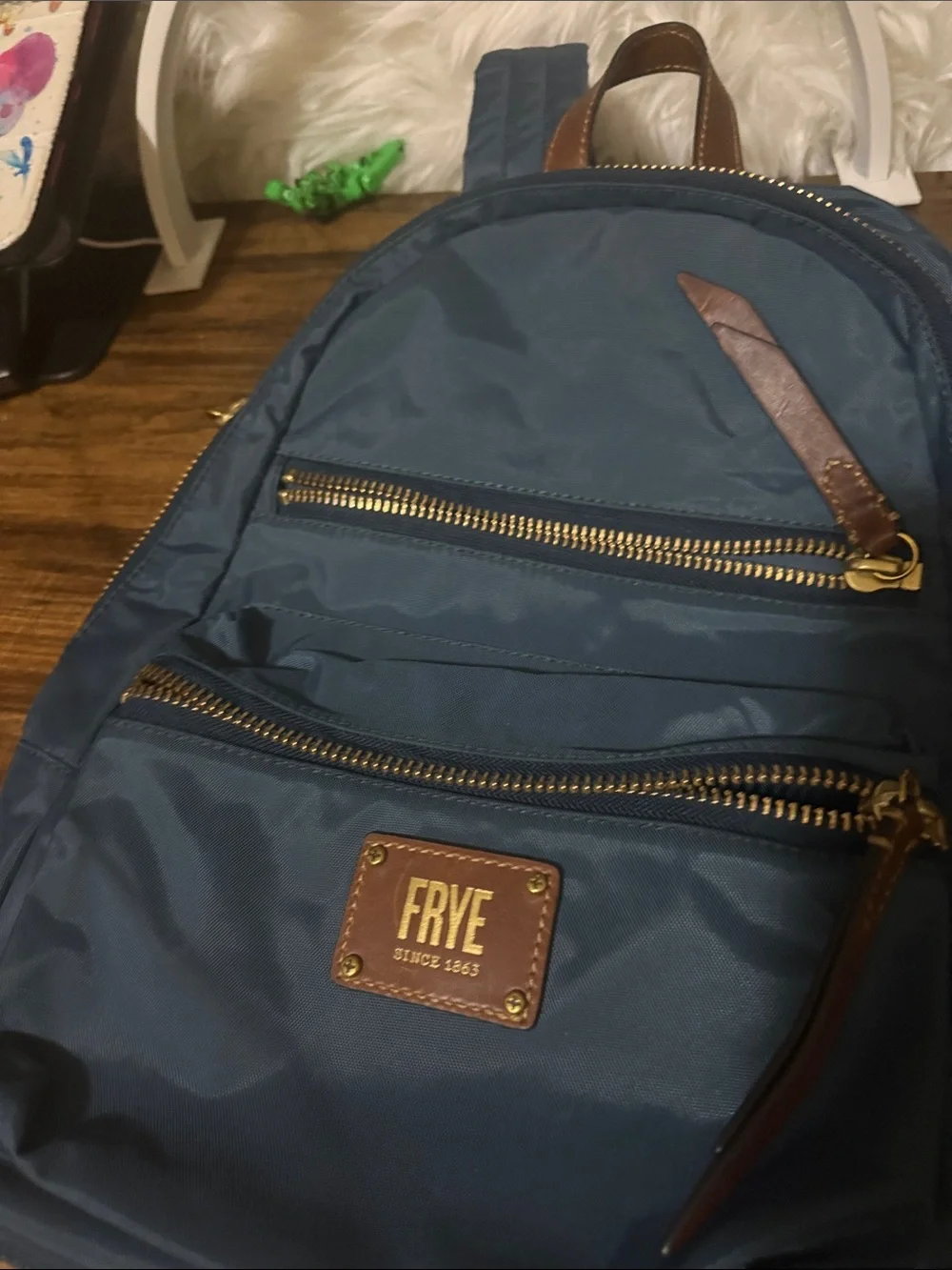 Frye Teal Blue Nylon Backpack with Brown Leather Trim