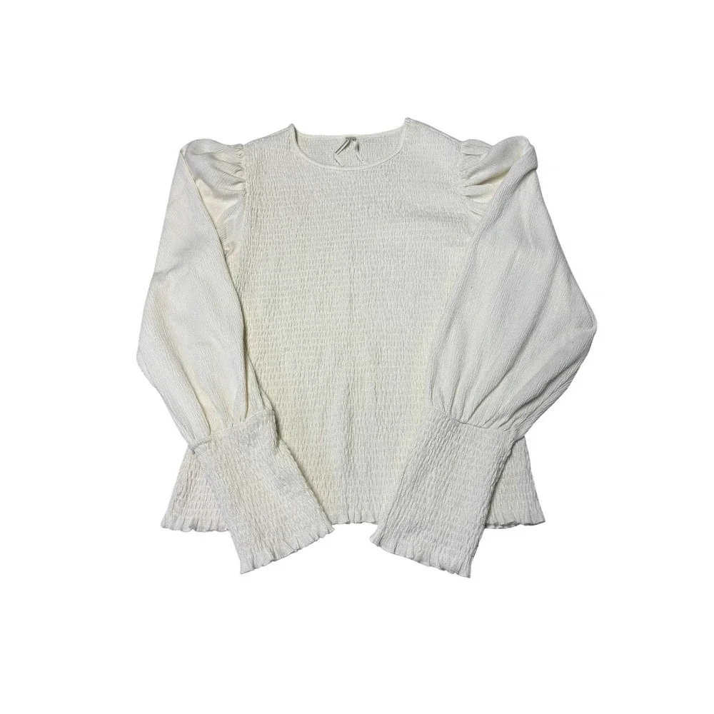 Anthropologie Ivory Smocked Puff Sleeve Blouse XL Cream Textured Top‎