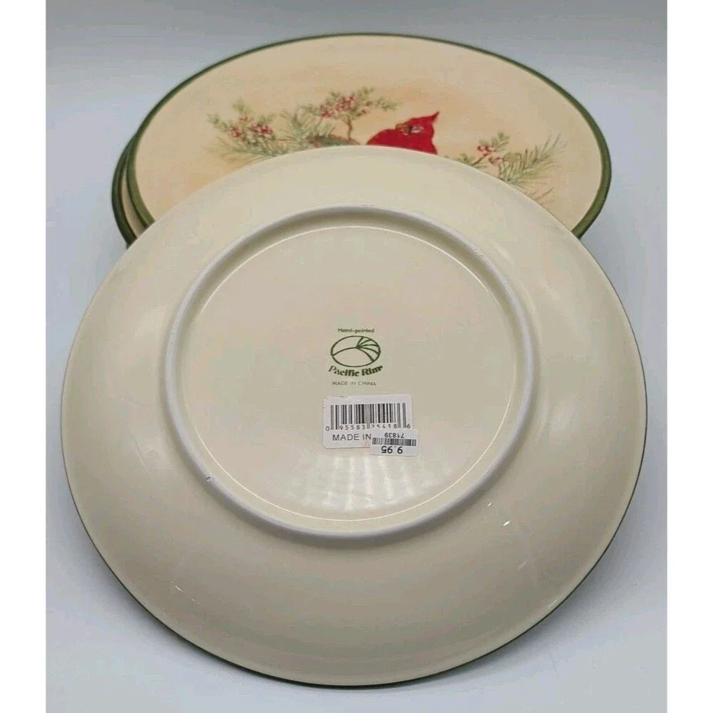 5 Pacific Rim Cardinal Dinner Plates Pine Boughs Cones Holly Berries Winter