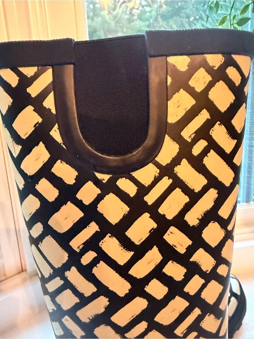 Serra Black and Cream Geometric Pattern Rain Boots