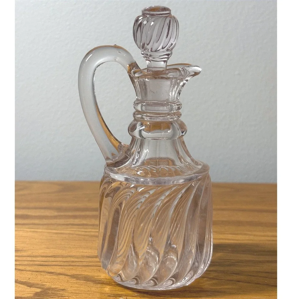 Vintage Clear‎ Swirl Pressed Glass Cruet with Stopper and Handle 6 inch
