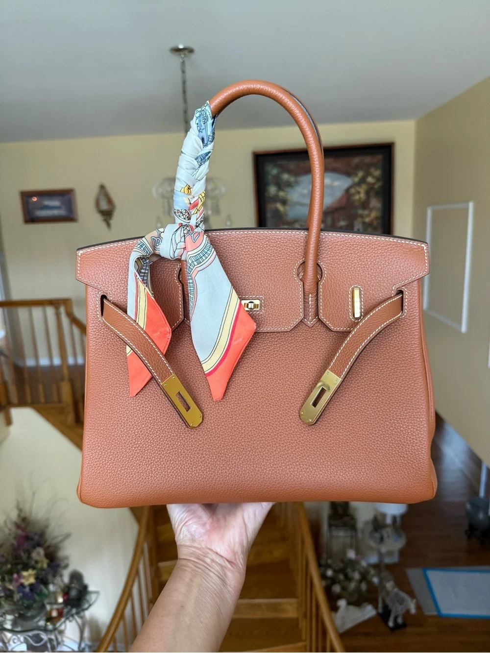 Pebbled Leather Togo  Top-Handle Satchel in gold on gold with Scarf accent 30CM