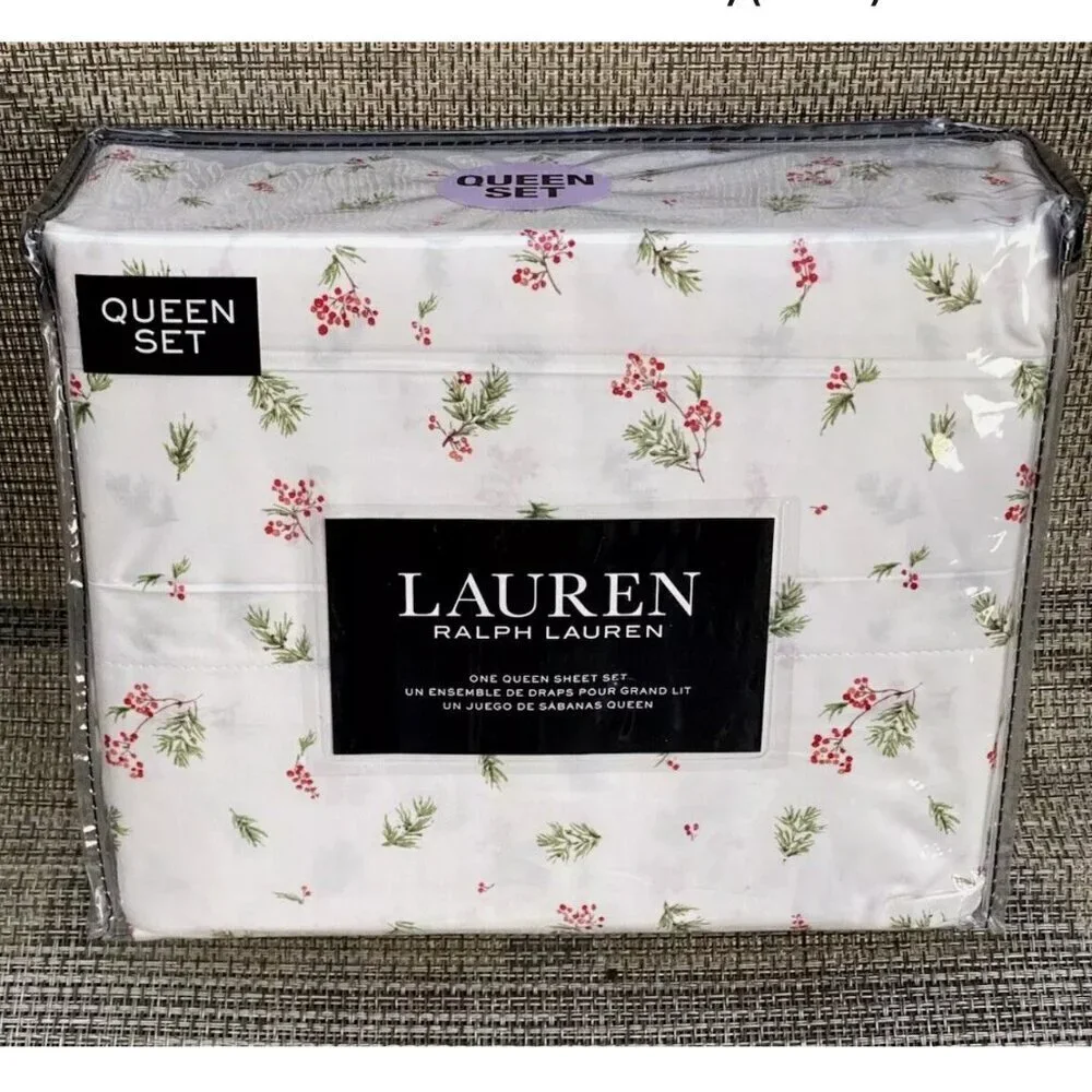 Lauren Ralph Lauren Red Green White Forest Holiday Cotton QUEEN Sheet Set 4pc
