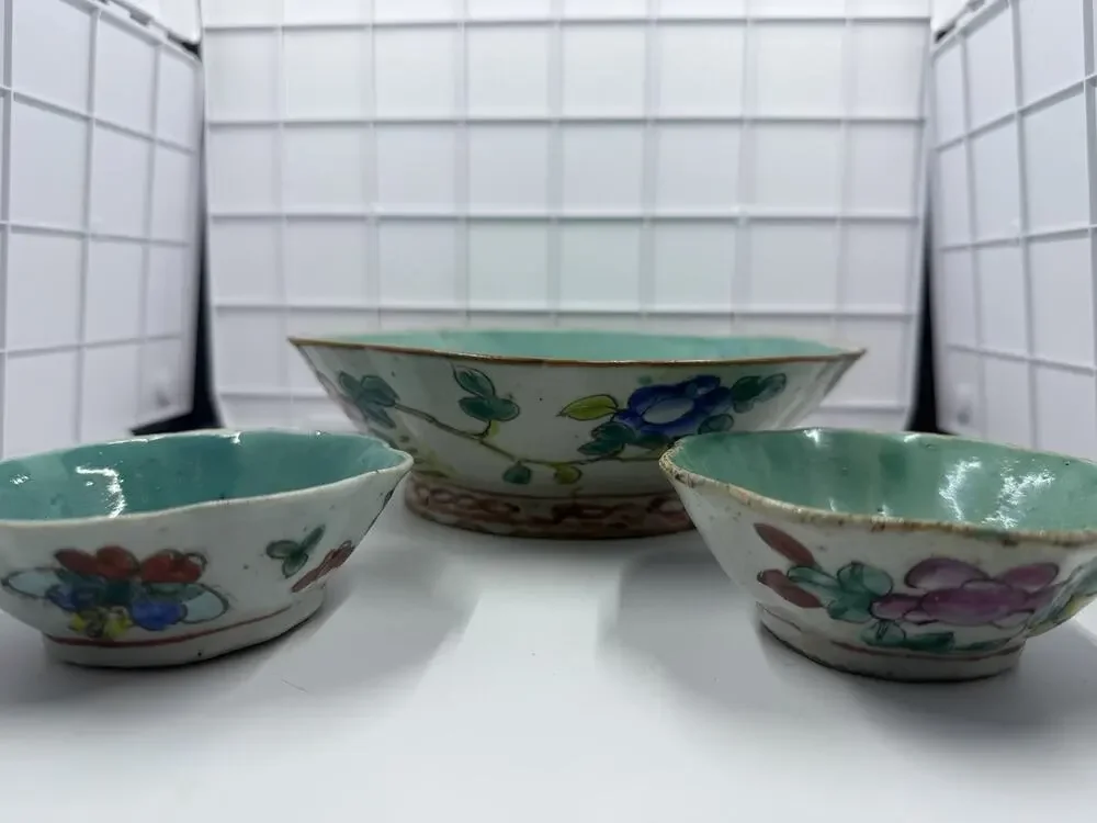 3 Antique Chinese Famille Rose Porcelain Bowl & Scalloped Dishes Set Turquoise