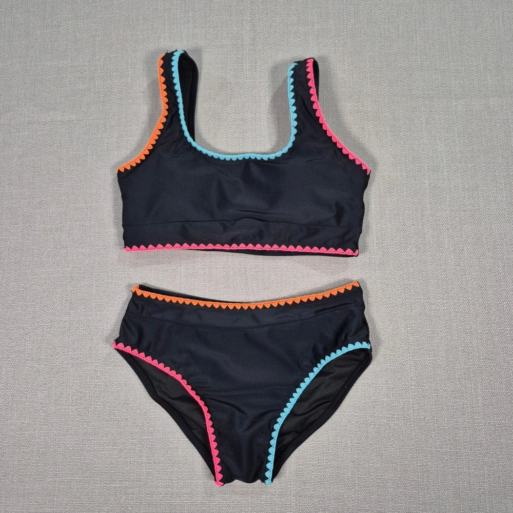 Girls Black High Waisted Bikini Set Neon Rickrack Trim Size 12Y-13Y 2XL