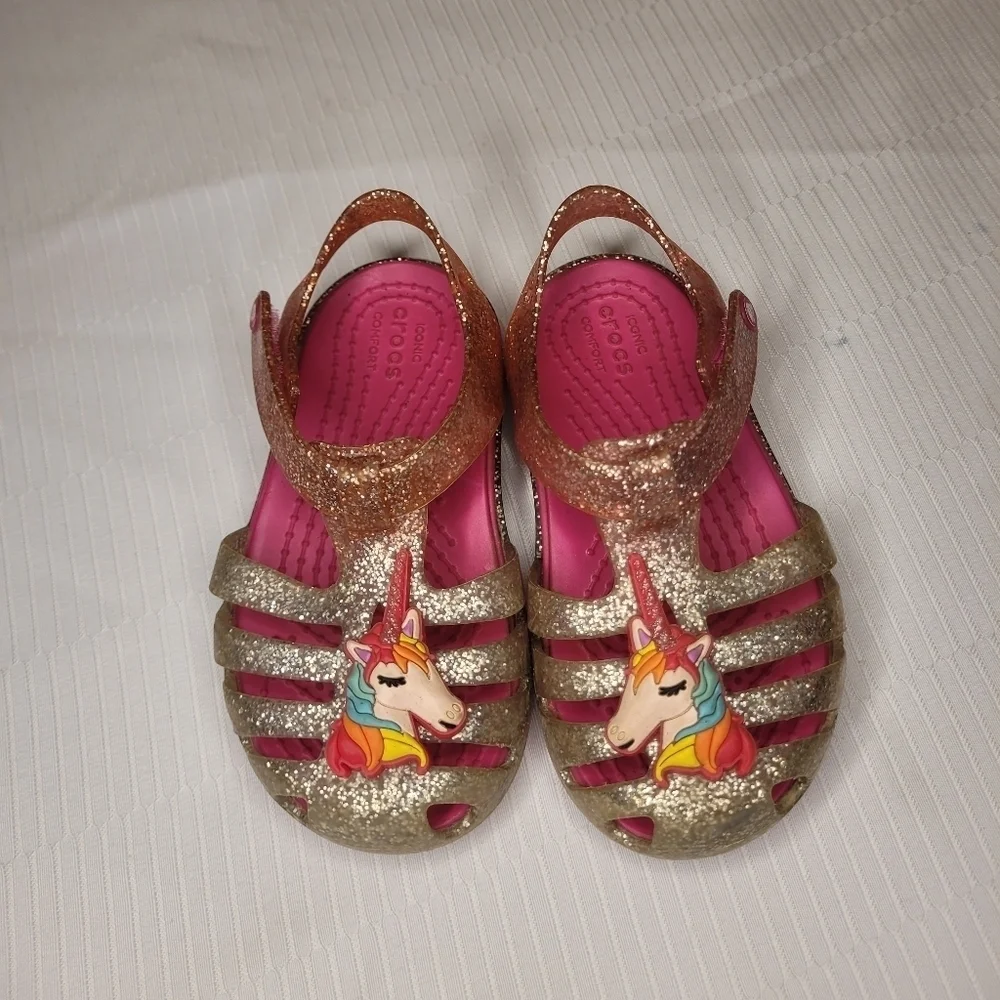 Crocs Pink Isabella Unicorn Glitter Jelly Sandals sz Toddler 6