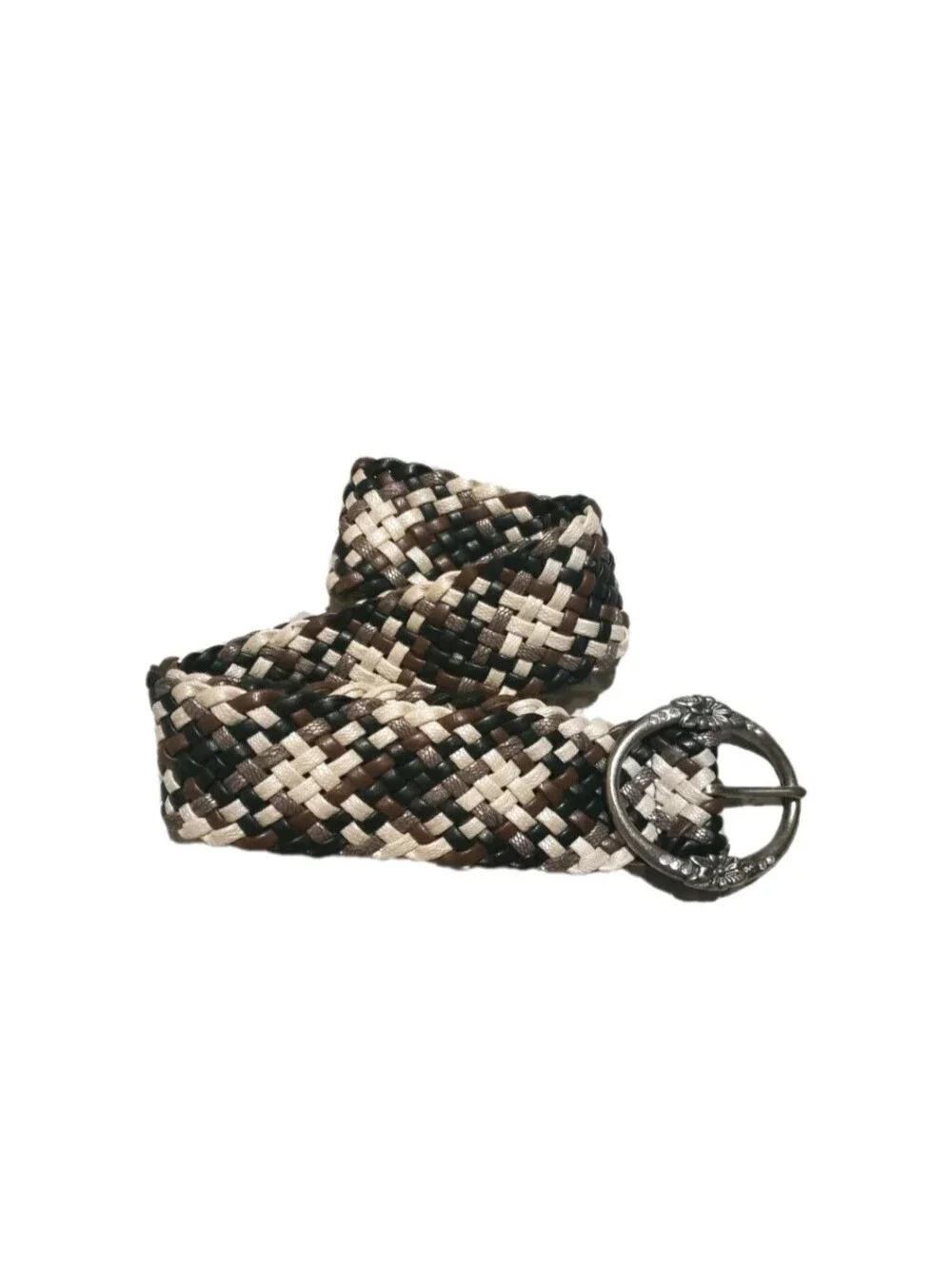 Relic Belt Braided Woven Neutral Colors Silver Floral Buckle 34