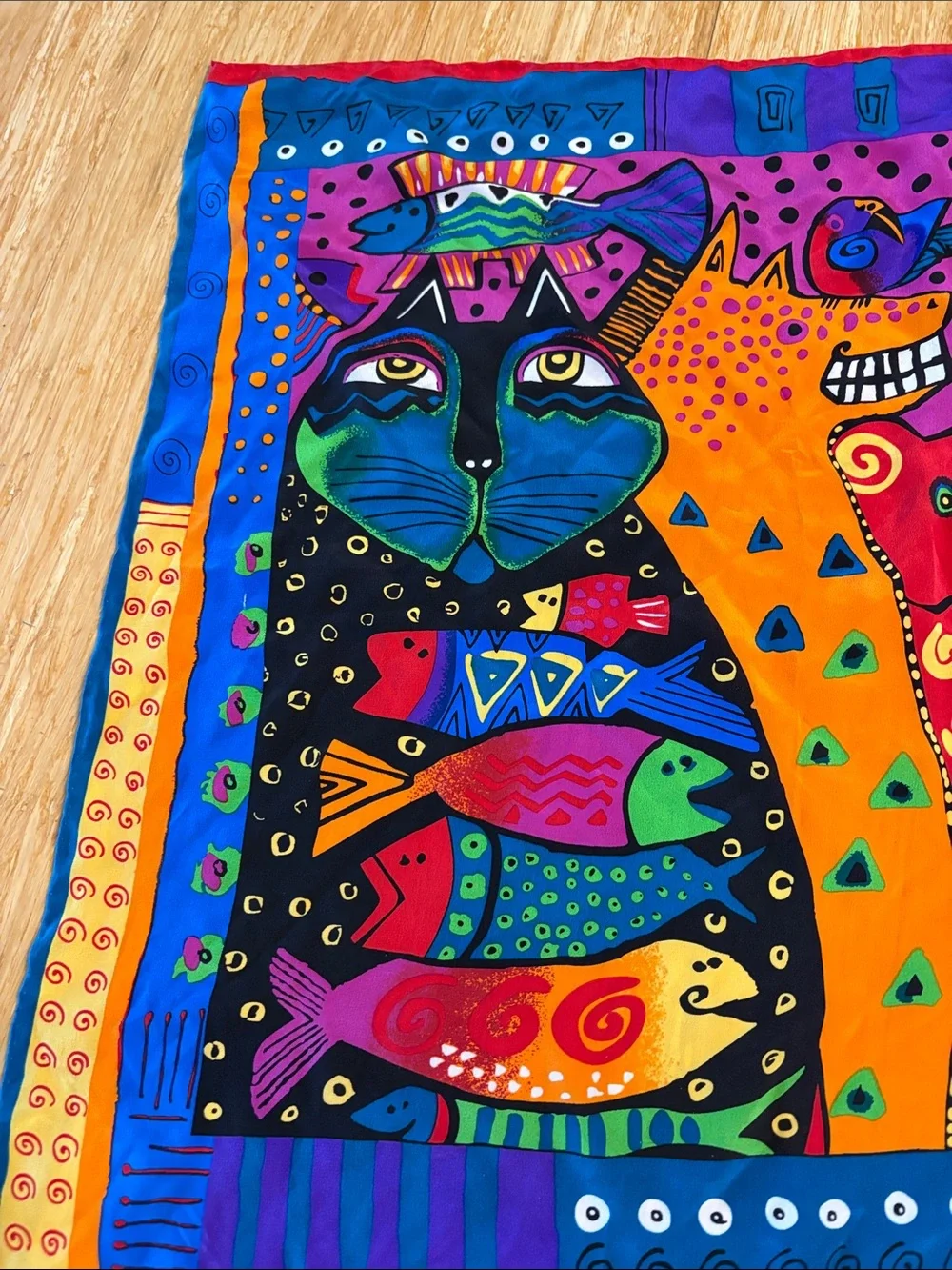 Vintage Laurel Burch Colorful Cat Fish Square Silk Scarf cat lover 90s artsy