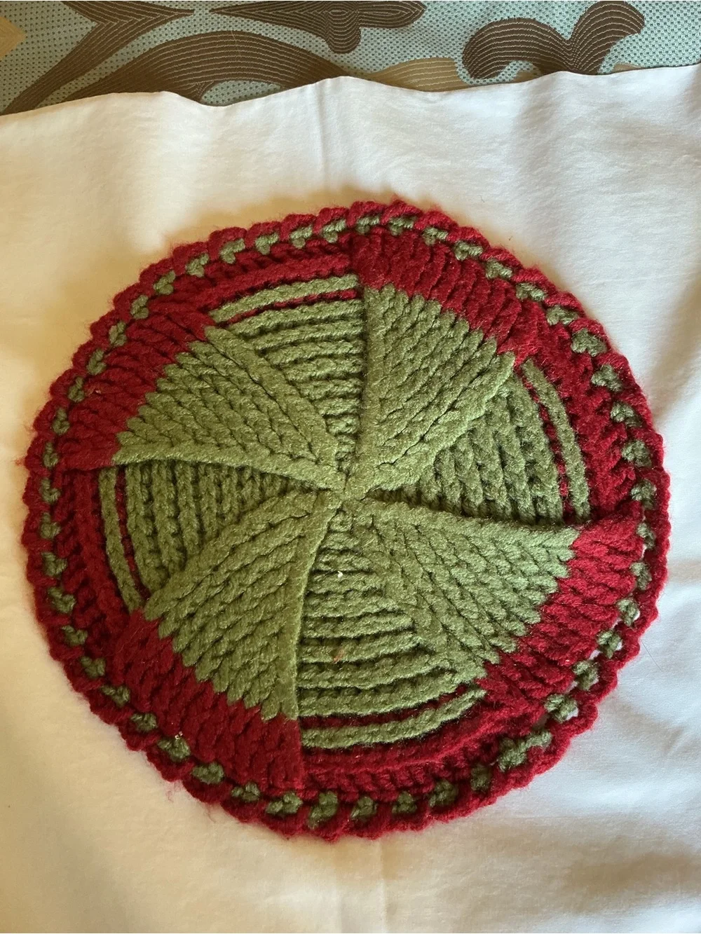 Handmade Green and Red Crocheted Round Trivet