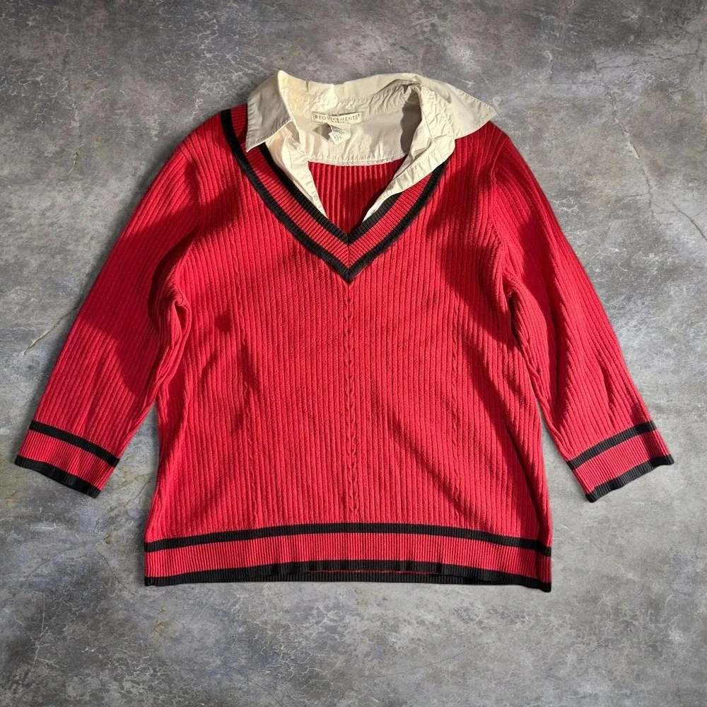 Requirements Woman Red Ribbed V Neck Layered Collared Sweater 3/4 Sleeve Y2K 1XL