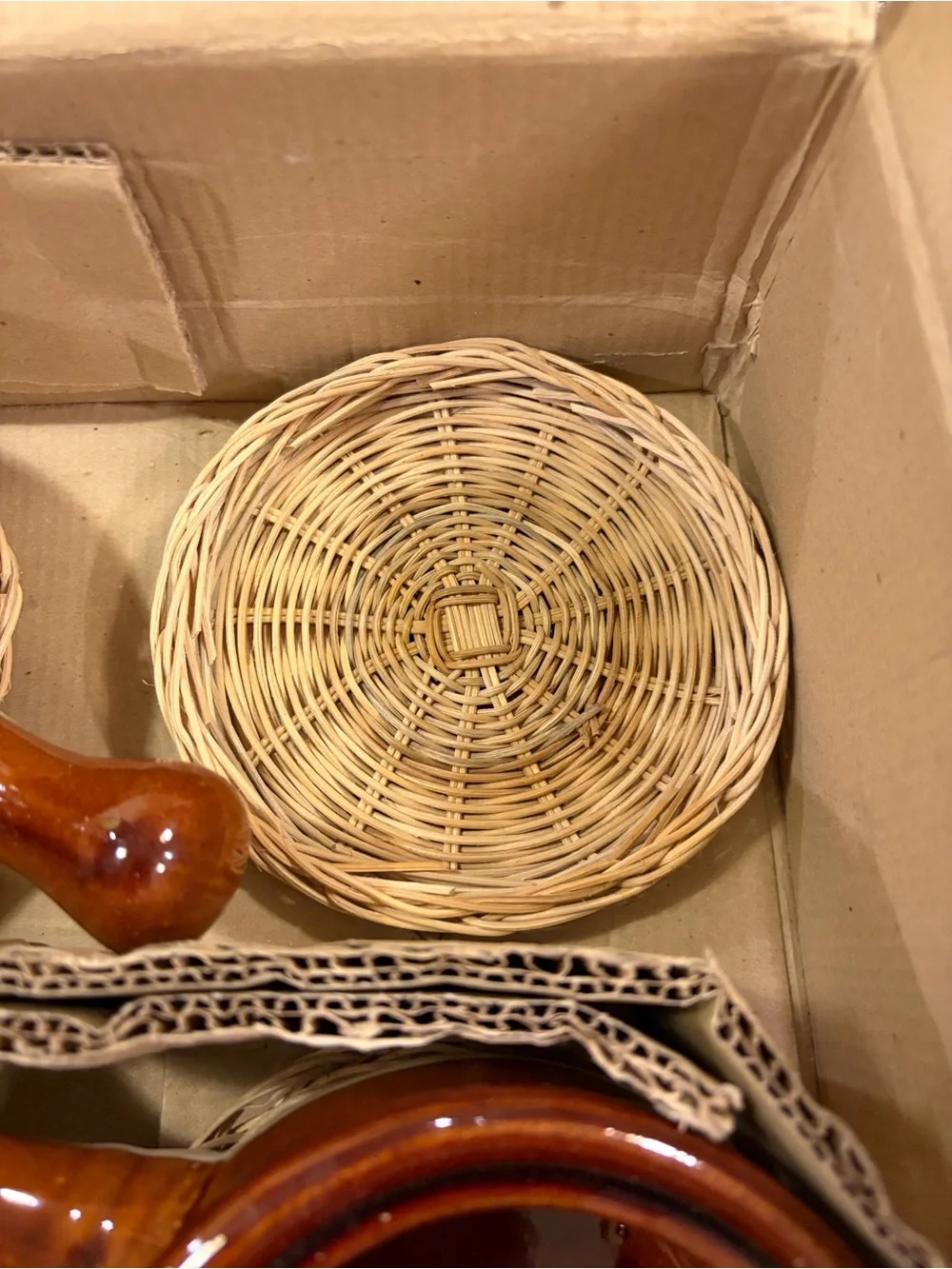 Vintage Brittany Stoneware Onion Soup Bowls with Rattan Trivets - Set of 4