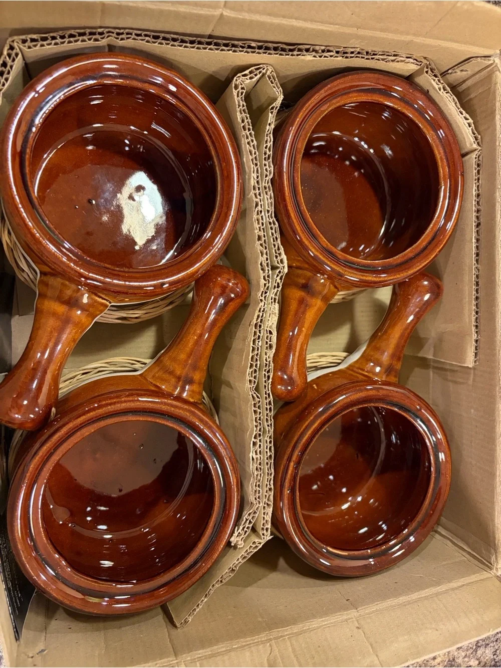 Vintage Brittany Stoneware Onion Soup Bowls with Rattan Trivets - Set of 4