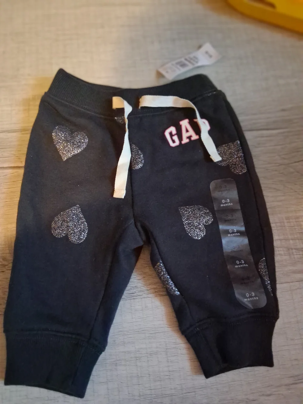 GAP Black Joggers with Silver Glitter Hearts
