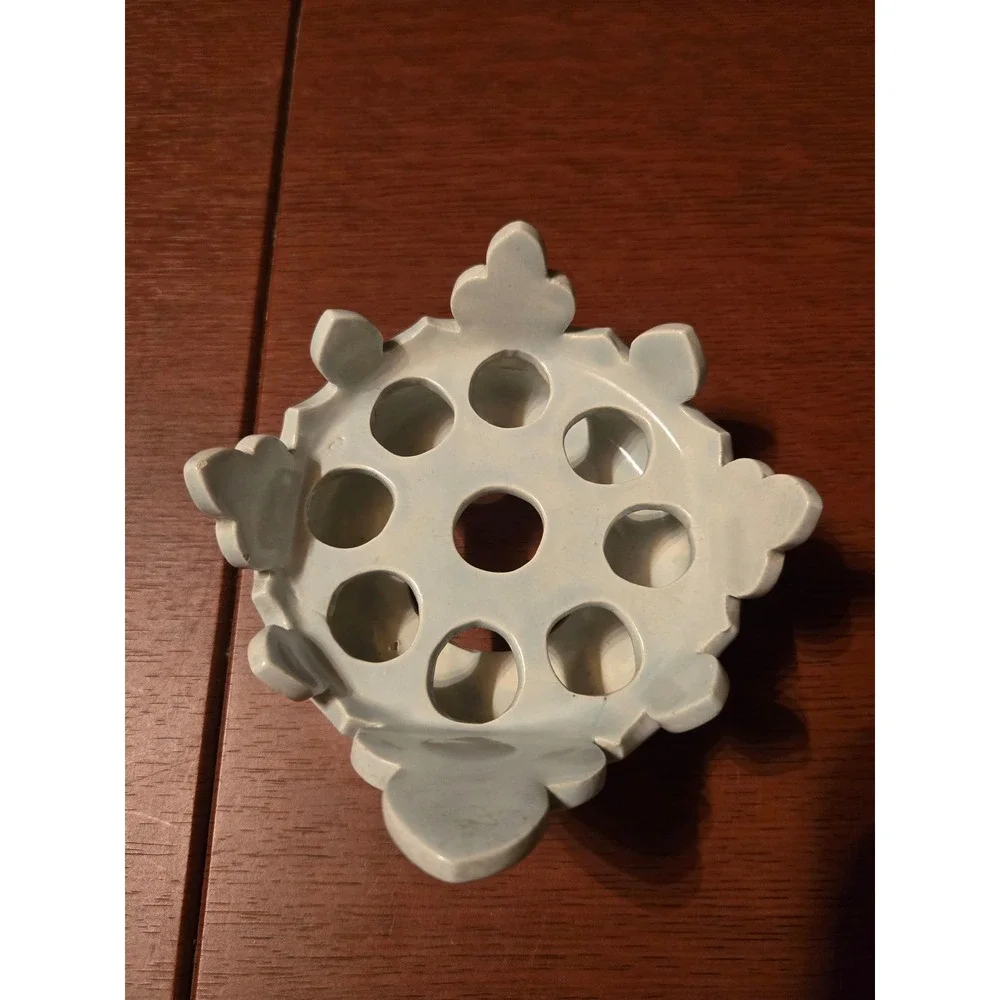 Vintage Ceramic Crown Flower Frog Light Blue Gold Accent Decorative Holder