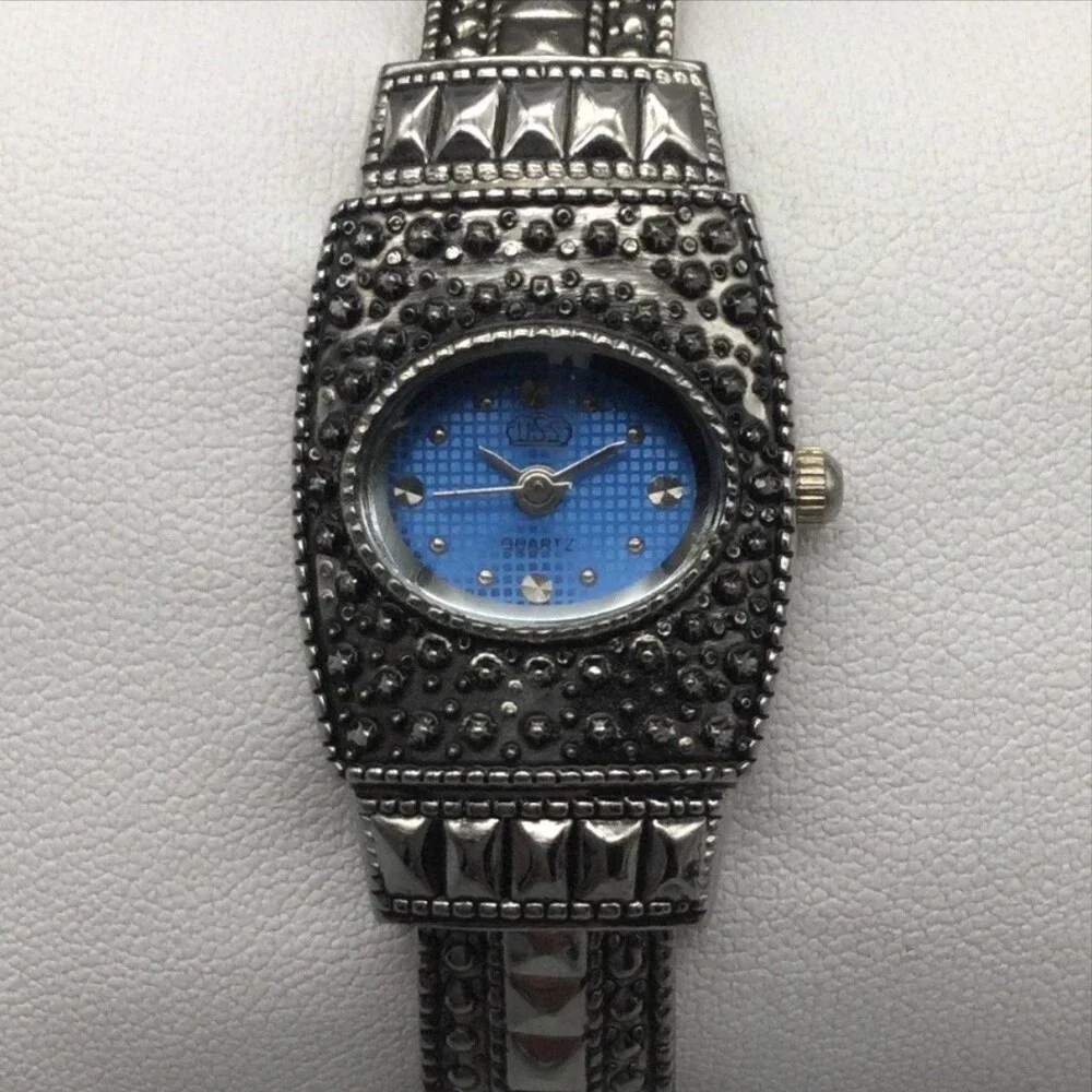 USS Womens Watch 21mm Blue Dial Silver Tone Marcasite Style Bangle New Battery