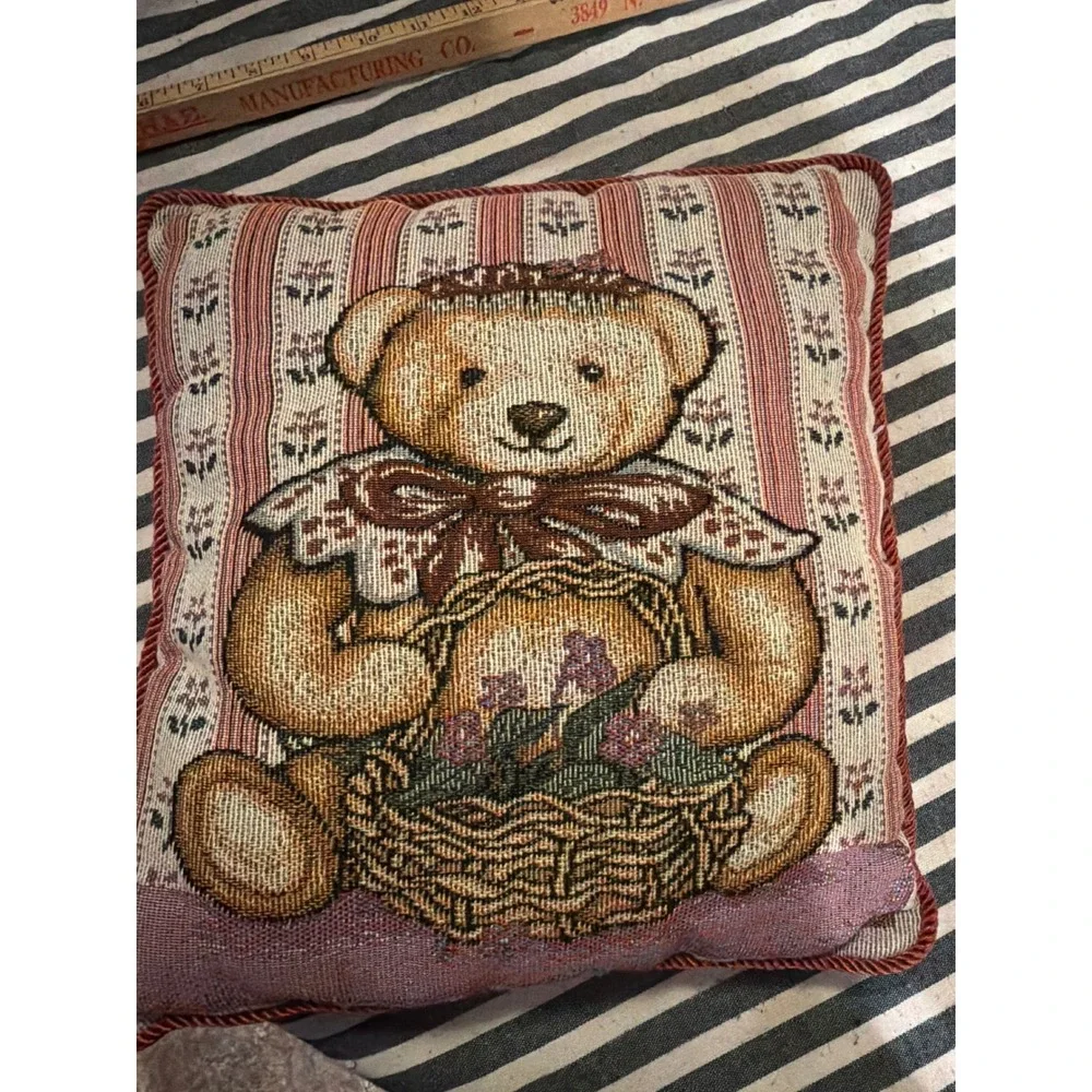 Vintage Woven Tapestry Teddy Bear Throw Pillow Burgundy Floral Cottagecore 12x12