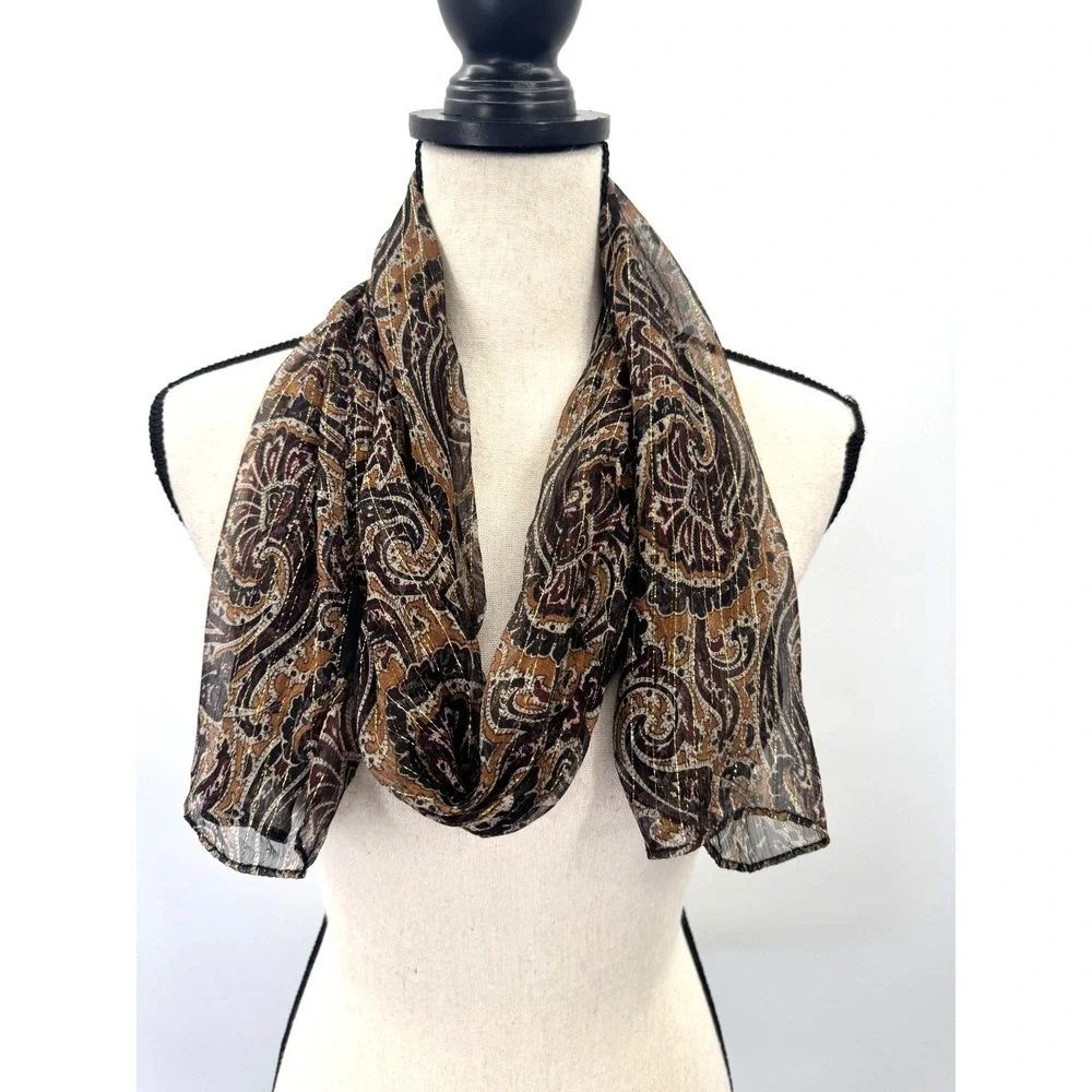 Cejon Brown Gold Silk Paisley Scarf Wrap Boho Earthy Lightweight Sheer Shawl