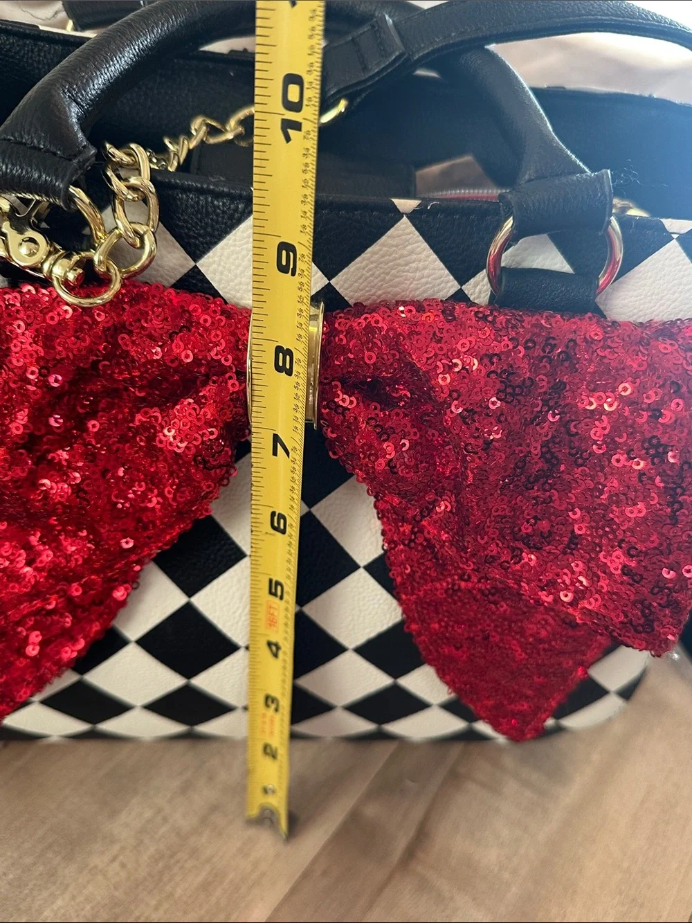 Betsey Johnson Black & White Checker Satchel with Red Sequin Bow