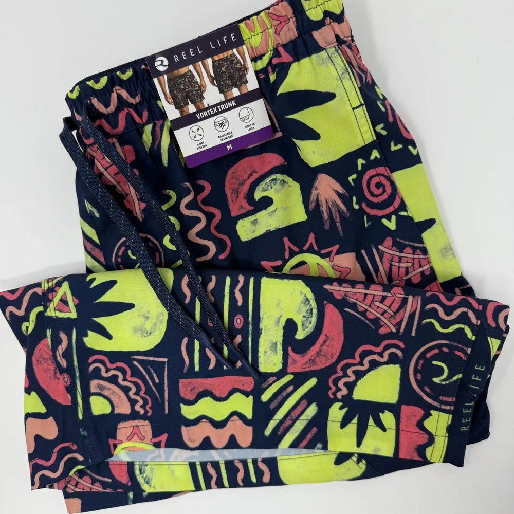 Reel Life Mens Vortex Trunk Swim Shorts Navy Highroglyphs Print‎ Medium NEW