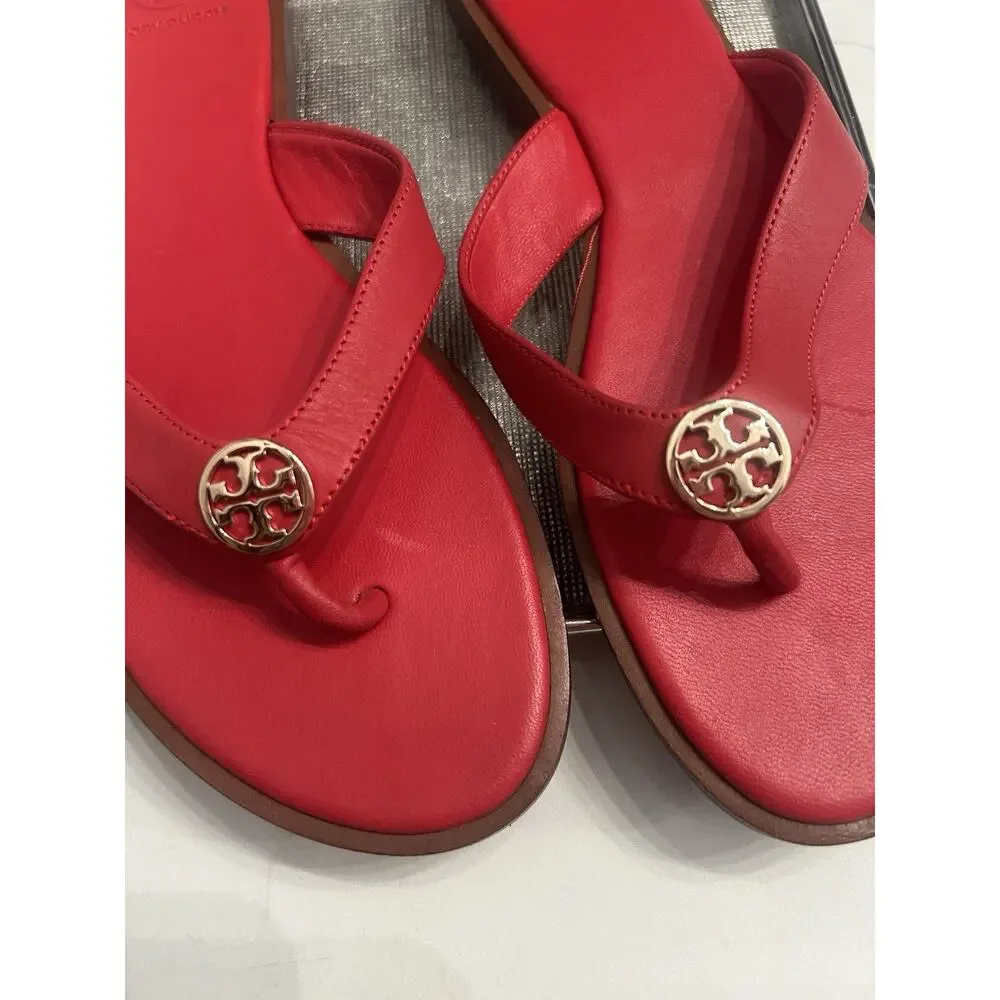Tory Burch Benton Thong Red Leather Sandals Size 9M Gold Logo