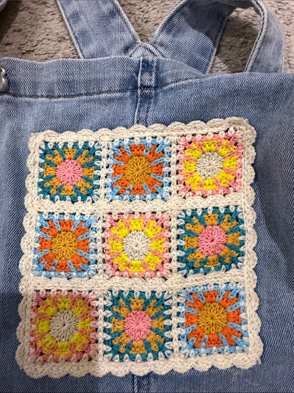 Tractr Light Blue Denim Crochet Accent Short Overalls