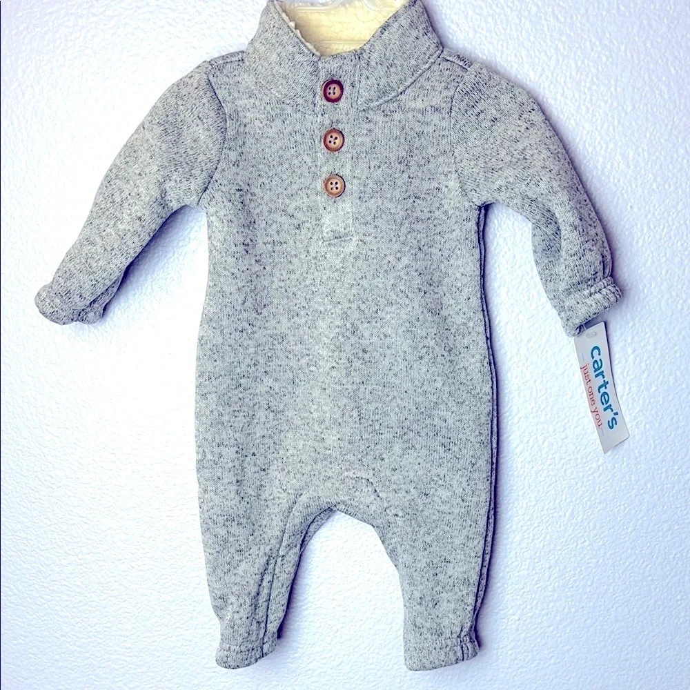 Carter's Gray Bunting One Piece with Mock Neck Henley Fleece Lined Collar