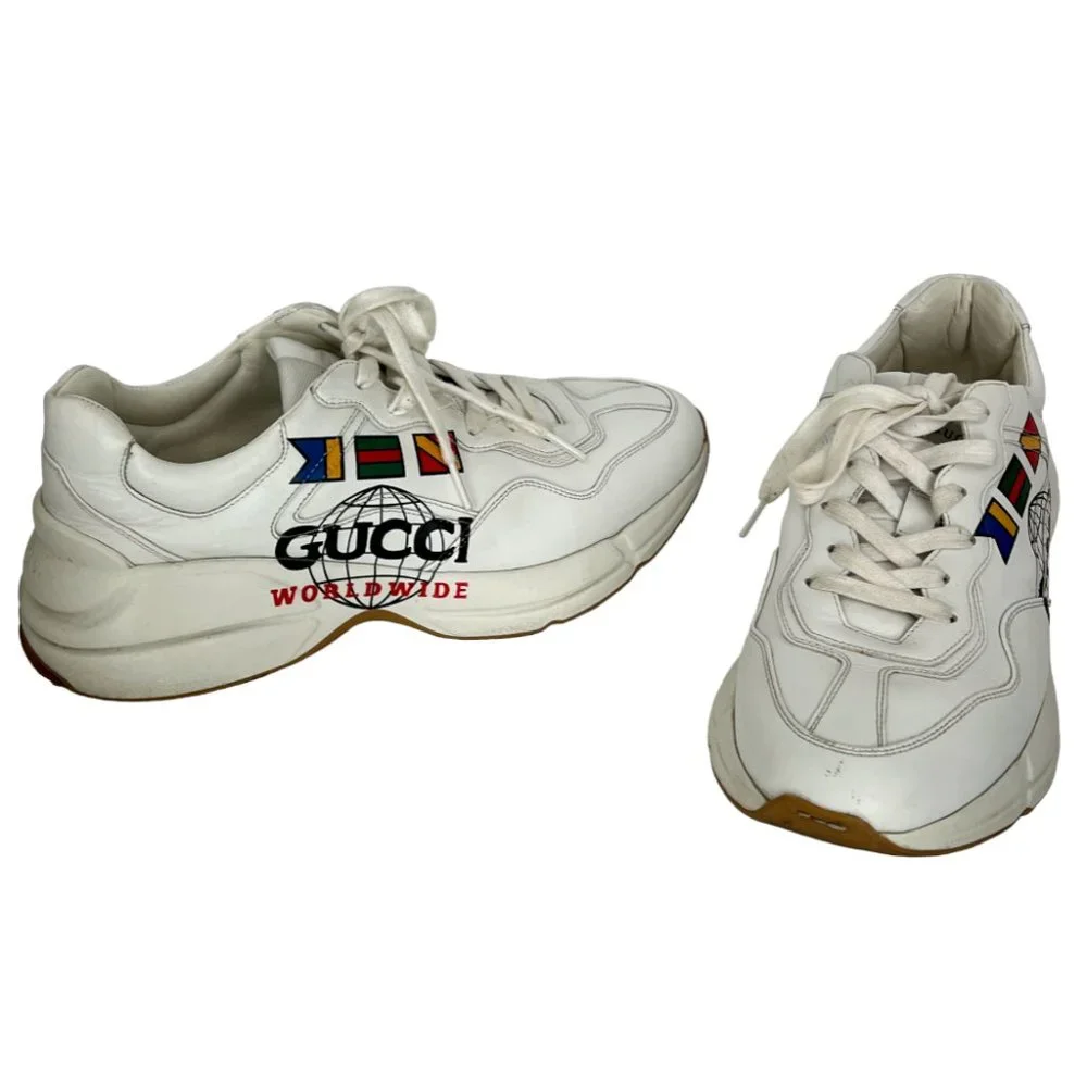 $890 Gucci Worldwide White Leather Rython Platform Sneakers Mens 8 W 9.5/10