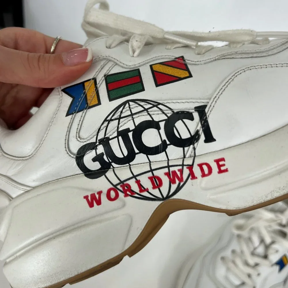 $890 Gucci Worldwide White Leather Rython Platform Sneakers Mens 8 W 9.5/10