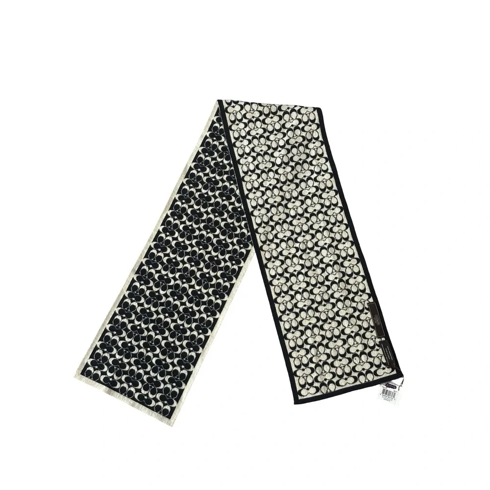 Coach Mini Sig Muffler Reversible Scarf Black Ivory 100% Merino Wool F98730‎ NWT